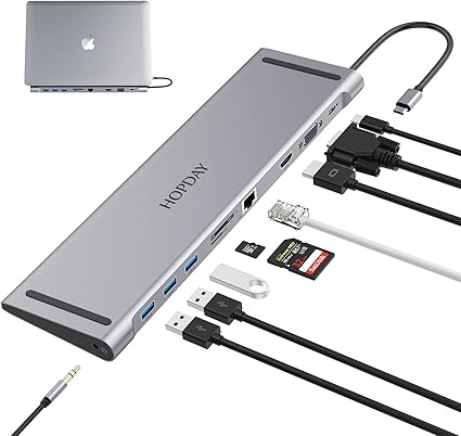 USB C Docking Station - 10-in-1 HOPDAY Hub for Type C Laptops, MacBook Pro/Air, and Surface Pro - USB C Adapter and Dongle Dual Display, USB Ports, HDMI, VGA, PD 100W, Ethernet, SD/TF, 3.5mm Audio