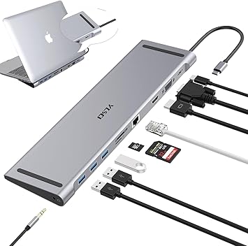 10 in 1 USB C Docking Station, 4K HDMI, VGA, USB 3.0, USB-C, Gigabit Ethernet RJ45, SD/TF Card Reader, Audio for Mac Air/Mac Pro/Surface Pro