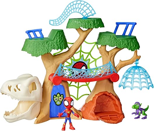 Spidey and his Amazing Friends Marvel Dino-Webs Treehouse Playset, Spider-Man & Goblin Raptor 4-Inch-Scale Action Figure Set, Ages 3 & Up