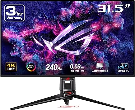 ASUS ROG Swift 32” 4K OLED Gaming Monitor (PG32UCDM) - UHD (3840 x 2160), QD-OLED, 240Hz, 0.03ms, G-SYNC Compatible, Custom Heatsink, Graphene film, 99% DCI-P3, True 10-bit, 90W USB-C, 3 year warranty