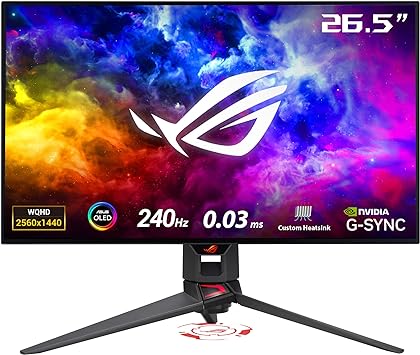 ASUS ROG Swift 27”1440P OLED DSC Gaming Monitor (PG27AQDM) - QHD (2560x1440), 240Hz, 0.03ms, G-SYNC Compatible, Anti-Glare Micro-Texture Coating, 99% DCI-P3, True 10-bit, DisplayPort,Black