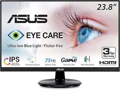 ASUS VA24DQ 23.8” Monitor, 1080P Full HD, 75Hz, IPS, Adaptive-Sync/FreeSync, Eye Care, HDMI DisplayPort VGA, Frameless, VESA Wall Mountable ,BLACK