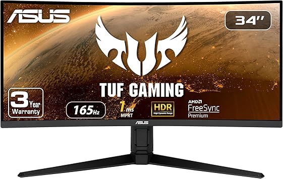 ASUS TUF 34 Inch Curved Gaming Monitor - WQHD (3440x1440), 165Hz, 1ms, Extreme Low Motion Blur, FreeSync Premium, Eye Care, Height Adjustable, DisplayHDR 400, DisplayPort, HDMI, USB - VG34VQL1B