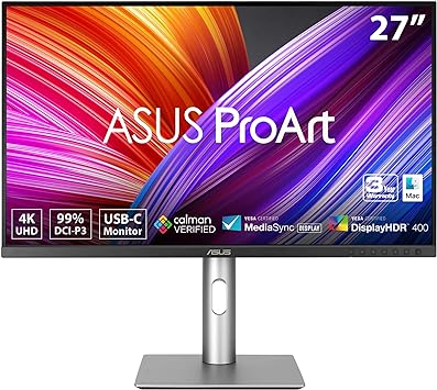 ASUS ProArt Display 27” 4K HDR Professional Monitor (PA279CRV) - IPS, UHD (3840 x 2160), 99% DCI-P3/Adobe RGB, ΔE < 2, Calman Verified, USB-C PD 96W, DisplayPort, Daisy-Chain, Height Adjustable