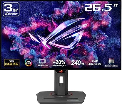 ASUS ROG Strix 27” 1440P OLED Gaming Monitor (XG27AQDMG) - QHD, Glossy OLED, 240Hz, 0.03ms, Custom Heatsink, Anti-flicker,Uniform Brightness, G-SYNC Compatible, 99% DCI-P3, DisplayWidget, 3yr warranty