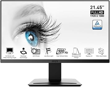 MSI PRO MP223, 22-inch VA 1920 x 1080 (FHD) Computer Monitor, 100Hz, Adaptive-Synch, HDMI, Video Port, VESA Mountable, Less Blue Light, Tilt, 1ms, Black