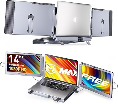 F2 Triple Screen Laptop Monitor Extender with 360° Rotation Stand - Plug & Play Compatibility for Windows, Surface, Apple M2 Pro/Max Chip, Switch - 14'' Laptop Monitor for 12-17'' Laptops