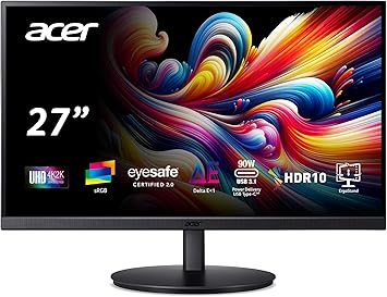 Acer 27 Inch 4k IPS Monitor for Home, Office & Creators | 99% sRGB Color Accuracy | 90w USB-C Port Charges and Connects | Adjustable Height, Tilt, Swivel, Pivot | USB-C, DP & HDMI | CB272K