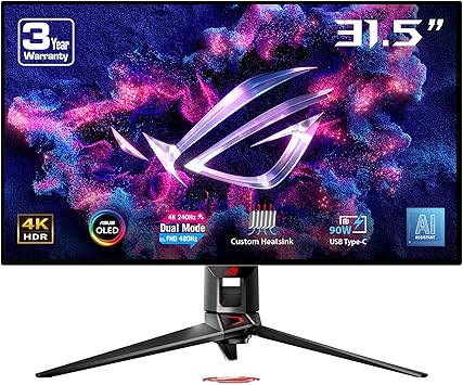 ASUS ROG Swift 32” 4K OLED Gaming Monitor (PG32UCDP) - WOLED, Dual Mode (4K 240Hz, FHD 480Hz), 0.03ms, G-SYNC Compatible, Custom Heatsink, AI Gaming, 99% DCI-P3,True 10-bit, USB-C 90W, 3yr Warranty