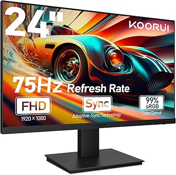 KOORUI 24 Inch Computer Gaming Monitor FHD 1920 x 1080p 75Hz, Ultra-Slim Bezels, 75 x 75 mm VESA Mountable, Adjustable Tilt, HDMI, VGA, Black