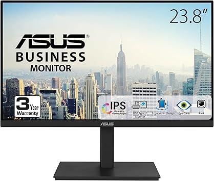 ASUS 23.8” 1080P Docking Monitor (VA24ECPSN) - Full HD, IPS, 75Hz, Adaptive-Sync, Speakers, Eye Care, Low Blue Light, Flicker Free, USB-C, RJ45, HDMI, Frameless, Height Adjustment, VESA Wall Mountable