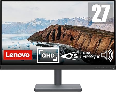 Lenovo L27q-35-2022 - Everyday Monitor - 27 Inch QHD - 75 Hz - AMD FreeSync - Low Blue Light Certified - Tilt Stand- Integrated Speakers - HDMI & DP,Grey