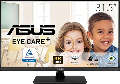 ASUS 31.5” 4K HDR Eye Care Monitor (VP327Q) – UHD (3840 x 2160), 99% sRGB, HDR-10, Adaptive-Sync, Speakers, DisplayPort, HDMI, Flicker Free, Blue Light Filter, VESA Mountable,Black