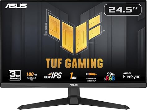 ASUS TUF Gaming 25” (24.5 viewable) 1080P Gaming Monitor (VG259Q3A) – FHD, 180Hz, 1ms, Fast IPS, Extreme Low Motion Blur, FreeSync, Variable Overdrive, Speakers, 99% sRGB, Shadow Boost 3yr Warranty