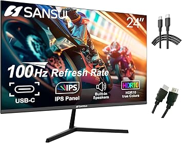 SANSUI Monitor 24 inch 100Hz IPS USB Type-C FHD 1080P Computer Display Built-in Speakers HDMI DP HDR10 Game RTS/FPS Tilt Adjustable for Working and Gaming (ES-24X3 Type-C & HDMI Cable Included)