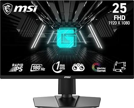 MSI G255PF 25-inch 1920 x 1080 (FHD) Computer Monitor, 180Hz, Adaptive-Synch, HDMI, DisplayPort, VESA Mountable, Tilt, Height Adjustable, Speaker, 1ms, Black