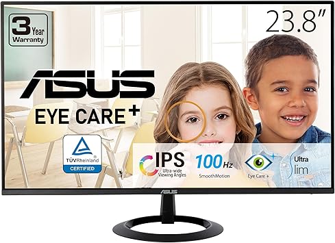 ASUS 24” (23.8-inch viewable) Eye Care Monitor (VZ24EHF) - IPS, Full HD (1920 x 1080), Frameless, 100Hz, Adaptive-Sync, 1ms, HDMI, Low Blue Light, Flicker Free, Ultra-Slim Profile, 3 Year Warranty