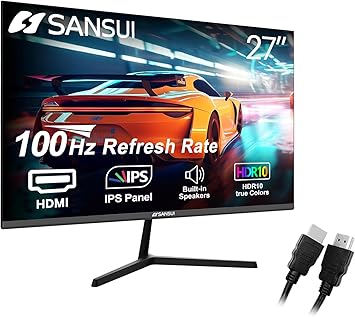 SANSUI Computer Monitors 27 inch 100Hz IPS FHD 1080P HDR10 Built-in Speakers HDMI VGA Ports Game RTS/FPS tilt Adjustable for Working and Gaming (ES-27X3L HDMI Cable Included)