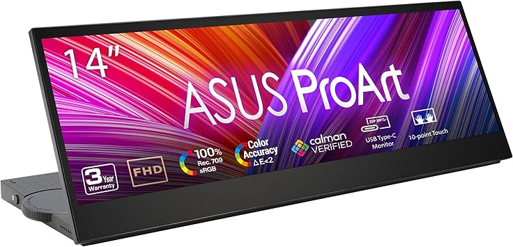 ASUS ProArt Display 14” Portable Touch Screen (PA147CDV) - 32:9 (1920 x 550), IPS, 100% sRGB, Color Accuracy ΔE < 2, Calman Verified, USB-C, Control Panel, MPP2.0 Pen Support, Adobe Suite Shortcut