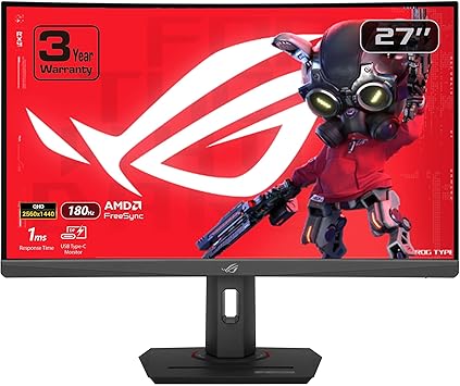 ASUS ROG Strix 27” 1440P HDR400 USB-C Curved Gaming Monitor (XG27WCS) - QHD (2560 x 1440), 180Hz, 1ms, Fast VA, 125% sRGB, DCI-P3 95%, ELMB Sync, FreeSync, DisplayWidget, Tripod Socket, 3yr Warranty