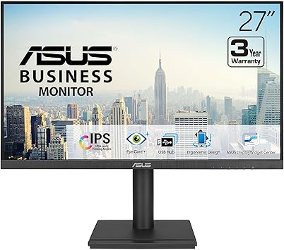 ASUS 27” 1080P Business Monitor (VA27DQFS) - IPS, Frameless, 100Hz, 1ms, Adaptive-Sync, HDMI, DisplayPort, VGA, for Working and Gaming, Ergonomic Design, Blue Light Filter, Flicker Free, 3 yr warranty