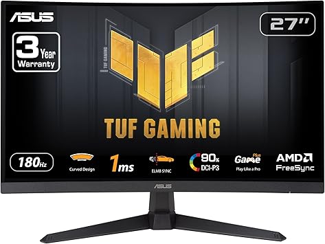 ASUS TUF Gaming 27” 1080P Curved Monitor (VG27VQ3B) – Full HD, 180Hz, 1ms, Extreme Low Motion Blur Sync, FreeSync, 1500R Curvature, Eye Care, 90% DCI-P3, DisplayWidget, 3 yr Warranty