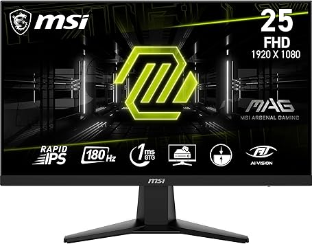 MSI G256F 25-inch 1920 x 1080 (FHD) Computer Monitor, 180Hz, Adaptive-Synch, HDMI, DisplayPort, VESA Mountable, Tilt, Height Adjustable, Speaker, 1ms, Black