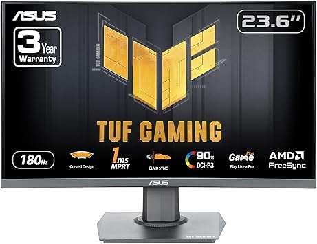 ASUS TUF Gaming 24” (23.6 inch viewable) Curved Monitor (VG24VQER) – FHD, 180Hz, 1ms, DCI-P3 90%, Extreme Low Motion Blur Sync, FreeSync, Shadow Boost, Eye Care, DisplayWidget Center, 3yr Warranty