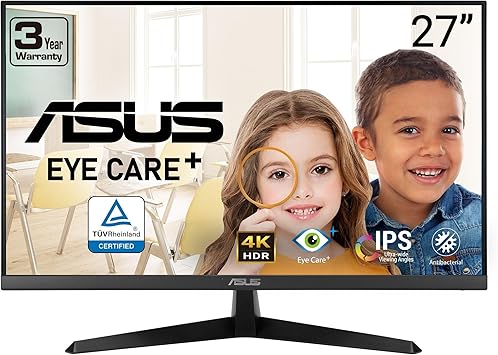 ASUS 27” 4K Eye Care Monitor (VY27UQ) - UHD (3840 x 2160), IPS, HDR10, Adaptive Sync, Eye Care Plus, Display Port, HDMI, Speaker, DisplayWidget, Blue Light Filter, Flicker Free, 3yr Warranty