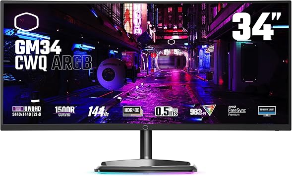 Cooler Master GM34-CWQA 34” ARGB Curved 144Hz VA QD Tech Ultra-WQHD 3440 x 1440 PC Monitor, 0.5ms (MPRT), Curve 1500R, FreeSync Premium, DP*1, HDMI2.0 * 2, USB C*1, VESA Mount (CMI-GM34-CWQA-US)