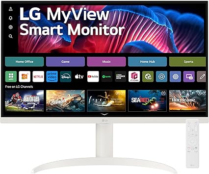 LG 27SR75U-W MyView 27 inch 4K UHD (3840x2160) IPS HDR10 USB Type-C 65W PD Smart Monitor webOS 23 AirPlay Screen Share Bluetooth ThinQ App Built-in Speaker HDMI White