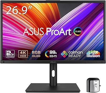 ASUS ProArt Display 27”4K HDR RGB OLED Professional Monitor (PA27DCE-K) - UHD (3840 x 2160), 99% DCI-P3, HLG, ΔE < 1, USB-C PD 80W, Hardware Calibration, Calman Ready, X-rite i1 Display Pro Calibrator