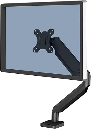 Fellowes Platinum Series Single Monitor Arm for 32-Inch Monitors, Full Motion, 360° Rotation, VESA Mount with Grommet or Clamp, USB Ports, Ergonomic, Black, 8043301