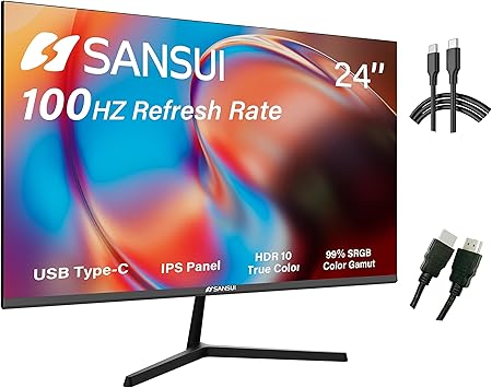 Simple Deluxe Monitor 24 inch 100Hz IPS USB Type-C FHD 1080P Computer Display Built-in Speakers HDMI DP HDR10 Game RTS/FPS Tilt Adjustable (ES-24X3 Type-C Cable & HDMI Cable Included) SANSUI