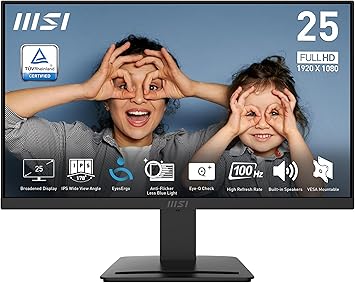 MSI PRO MP253 24.5-inch IPS 1920 x 1080 (FHD) Computer Monitor, 100Hz, Adaptive-Sync, HDMI, DP Port, VGA Port, VESA Mountable, Tilt, Speaker, 1ms, Black