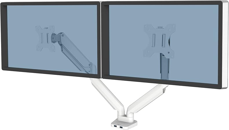 Fellowes Platinum Series Dual Monitor Arm for 32-Inch Monitors, Full Motion, 360° Rotation, VESA Mount with Grommet or Clamp, USB Ports, Ergonomic, White, 8056301