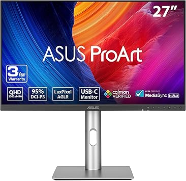 ASUS ProArt Display 27” 1440P Professional Monitor (PA278CFRV) - IPS, QHD (2560 x 1440), Pre-Calibrated, 95% DCI-P3, Daisy-chain, 100Hz, LuxPixel AGLR, Calman Verified, USB-C 96W, HDR400, 3yr warranty