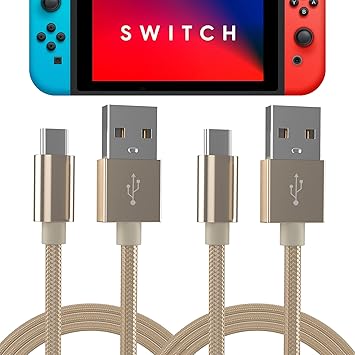 TalkWorks Gaming Console Controller Charging Cable Compatible with Nintendo Switch, USB-C to USB-A - 6 ft. Nylon Braided Type C Game System Fast-Charging Cord, Gold (2 Pack)