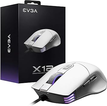 EVGA X12 Gaming Mouse, 8k, Wired, White, Customizable, Dual Sensor, 16,000 DPI, 5 Profiles, 8 Buttons, Ambidextrous Light Weight, RGB, 905-W1-12WH-KR