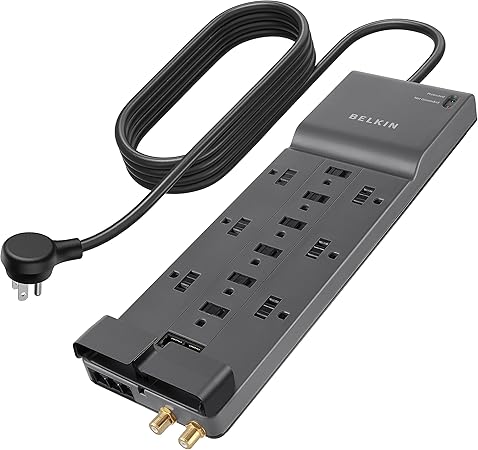 Belkin Power Strip Surge Protector with 12 AC Multiple Outlets, 10 ft Long Flat Plug Heavy Duty Extension Cord for Home, Office, Travel, Computer Desktop, Laptop & Phone Charging Bricks (4,156 Joules)