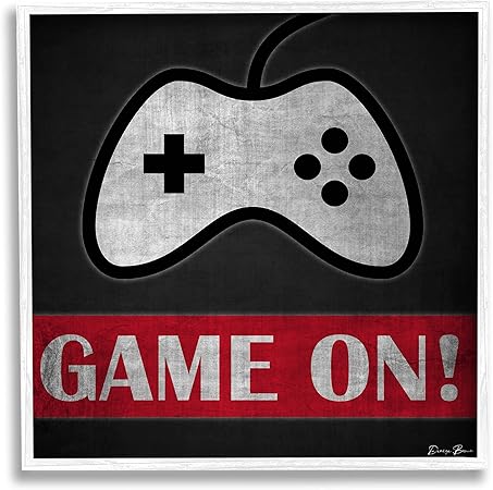 Stupell Industries Game On Bold Gamer Phrase Retro Controller, Designed by Denise Brown White Framed Wall Art, 12 x 12, Grey