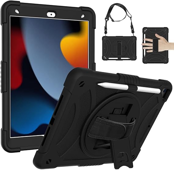 Case for iPad 10.2 Inch (2021/2020/2019) 360 Degree Swivel Stand Shockproof Cover with Pen Holder Wrist Strap Shoulder Strap for Kids