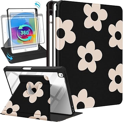 for iPad 9th/8th/7th Generation Case 10.2 Inch Folio Cover with Pencil Holder Cute Women Girls Kids Flowers Girly Floral Teens Kawaii Rotating Stand for Apple iPad 7/8/9 (2021/2020/2019)