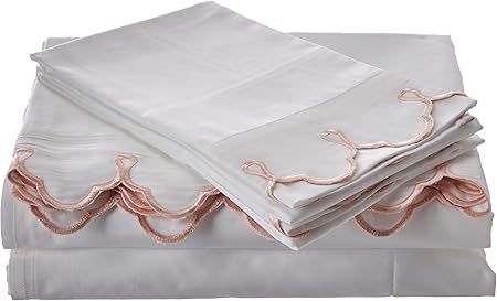 Belle Epoque Traditional Scalloped Embroidered Sheet Set King White/Pink, 4 Piece