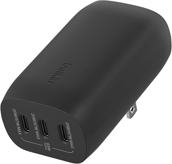 Belkin BoostCharge 3-Port USB-C Wall Charger with PPS 67W, USB-C PD 3.1 Enabled Fast Charging iPhone Charger for iPhone 16 Series, MacBook Pro, AirPods, Galaxy, and Other PD Enabled Devices - Black