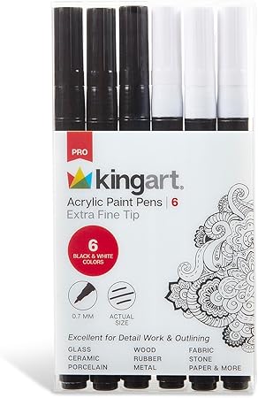 KINGART 453-6A PRO Extra Fine Pt. Black & White Paint Pens, 0.7mm Tip, 6 Acrylic Paint Markers, Low-Odor & Quick Drying for Rock, Wood, Metal, Plastic, Glass, Ceramic & More, Set of 6