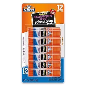 Elmer's Disappearing Purple School Glue Sticks, Washable, 6 Grams, 12 Count