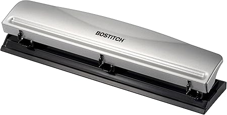 Bostitch Office Premium 3 Hole Punch, 12 Sheet Capacity, Metal, Rubber Base, Easy-Clean Tray, Silver