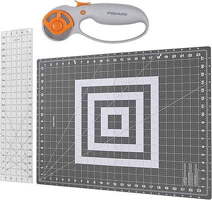 Fiskars Rotary Cutter 3-Piece Set - 45mm Blade Rotary Cutter for Fabric, Self Healing Cutting Mat, and Sewing Ruler - Craft Supplies - White/Gray