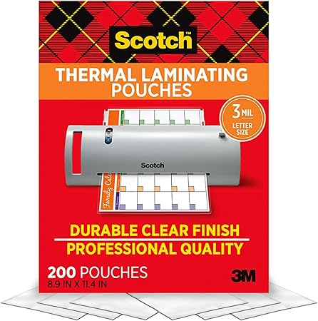 Scotch Thermal Laminating Pouches, 200 Count, Clear, 3 mil., Ideal Office or School Supplies, Fits Letter Sized Paper (8.9 in. × 11.4 in.)